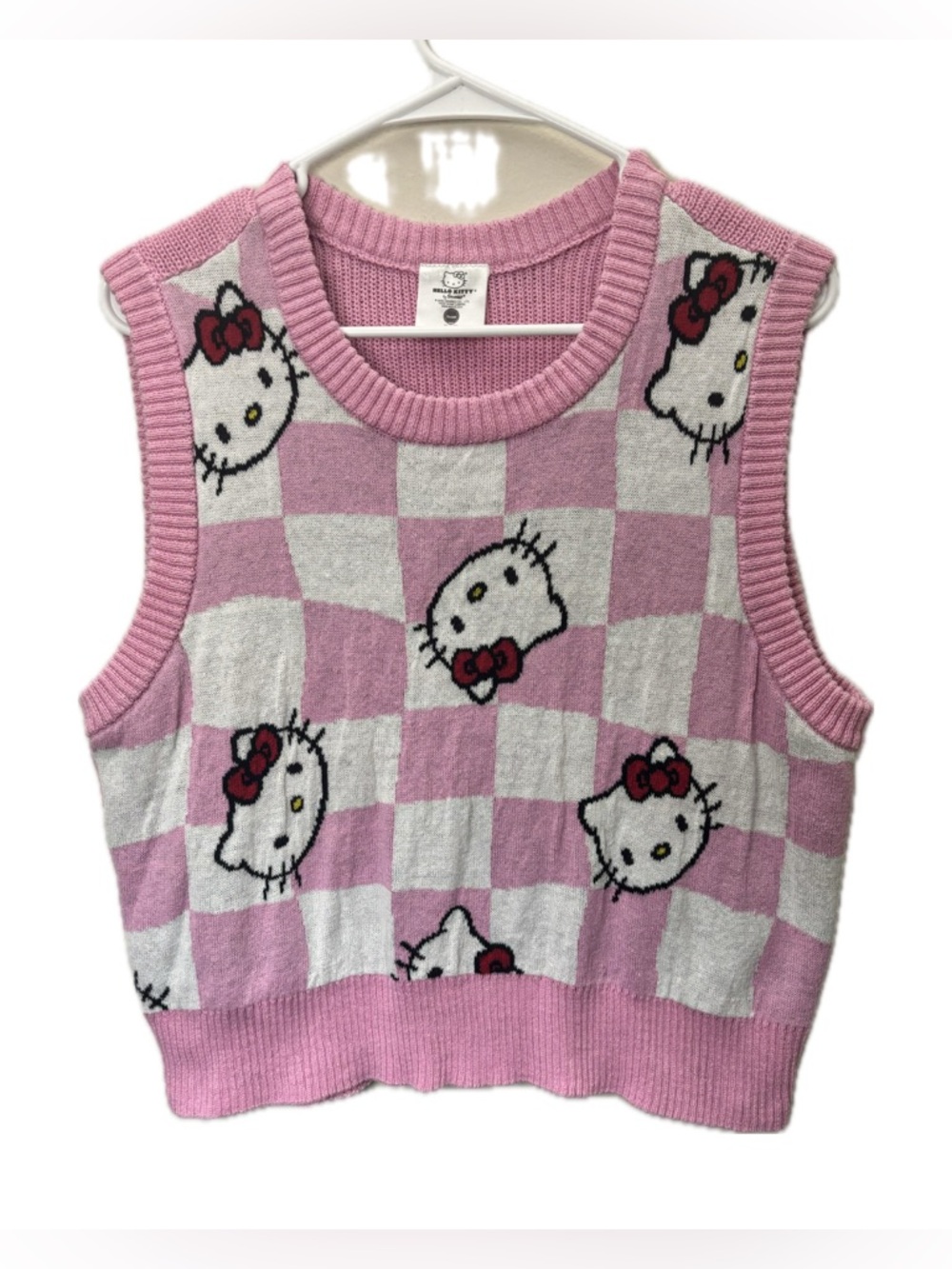 Hello Kitty Pink Checkered Sweater Vest XL Sanrio Knit Kawaii Y2K